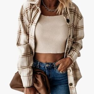 Peaceglad Women's Lapel Long Sleeve Plaid Shirt Pocket Jacket Shacket Casual But